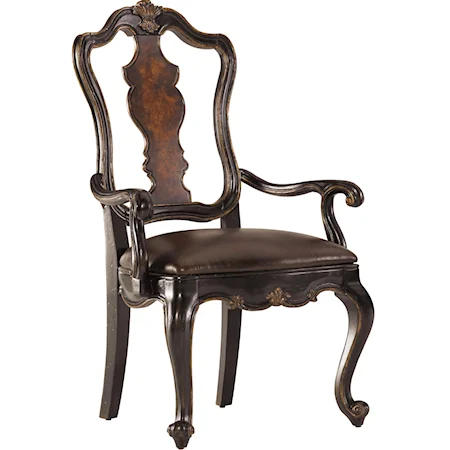 Dining Arm Chair with Decorative Splat Back & Leather-Upholstered Cushion Seat